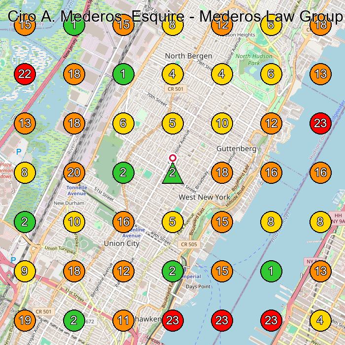 Ciro A. Mederos, Esquire - Mederos Law Group Personal Injury Attorney GeoGrid ranking map for North Bergen NJ